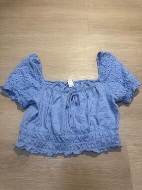 Revamped Sky Blue Eyelet Puff-Sleeve Crop Top
